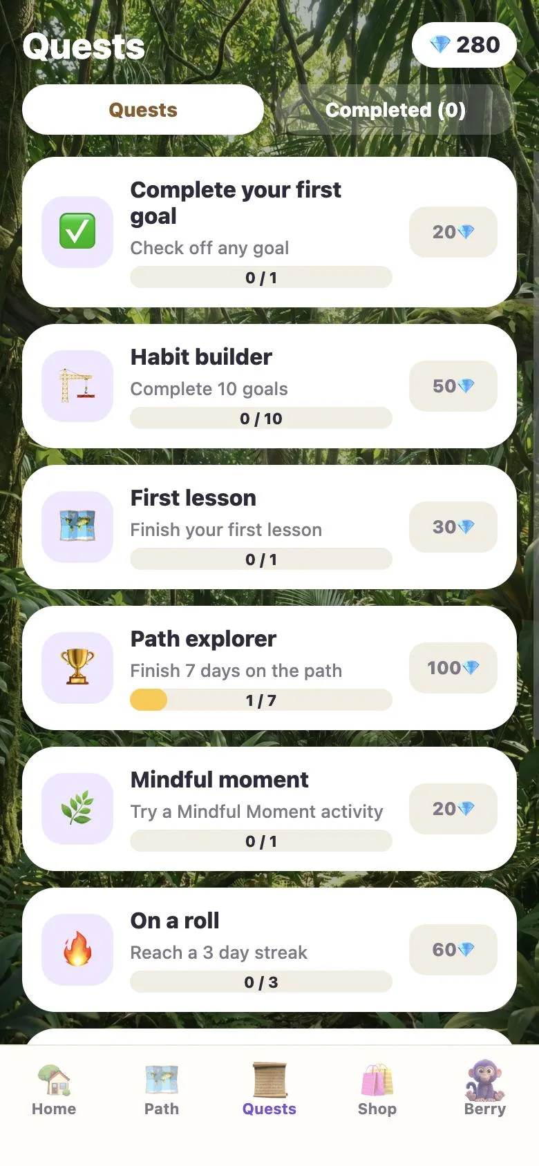 Quests screen listing quests such as Habit builder and Path explorer with jewel rewards
